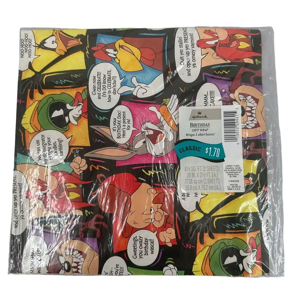 Hallmark Looney Tunes Birthday Gift Wrap Wrapping Paper 1994 2 Sheets NEW